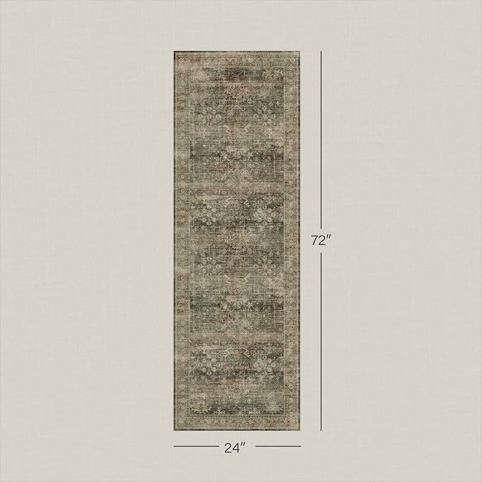 Washable 2x6 Kitchen Runner Rug for Hallway, Entryway & Bathroom, Moss Green Vintage Distressed Geometric Runner Carpet, Low Pile Slip-Resistant, Easy to Clean, Stain Resistant