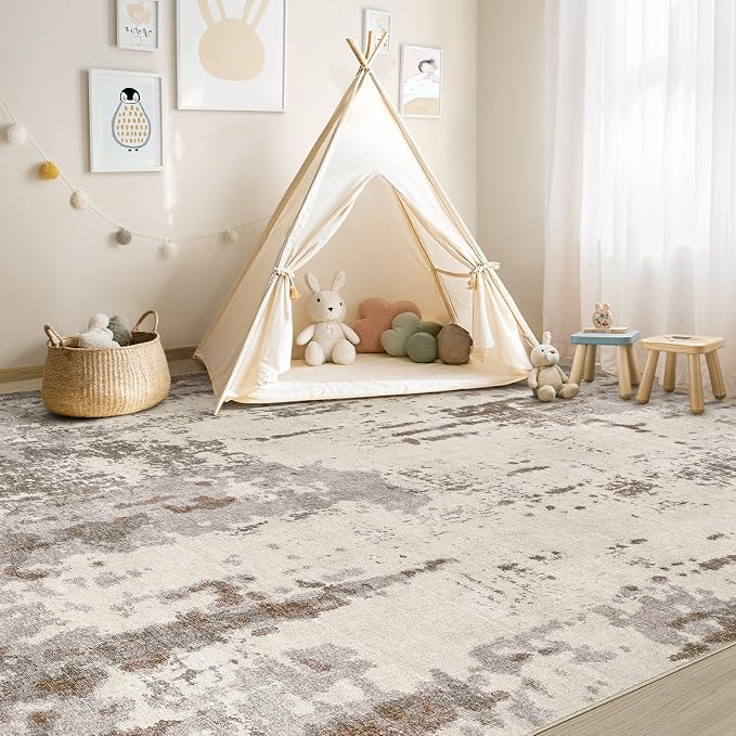 UERMEI Area Rug Living Room Rugs-Washable Neutral Modern Abstract Soft Thin Large Rug Indoor Floor No Slip Rug Carpet for Bedroom Under Dining Table Home Office Decor-Brown/Grey/Beige-7'x 9'
