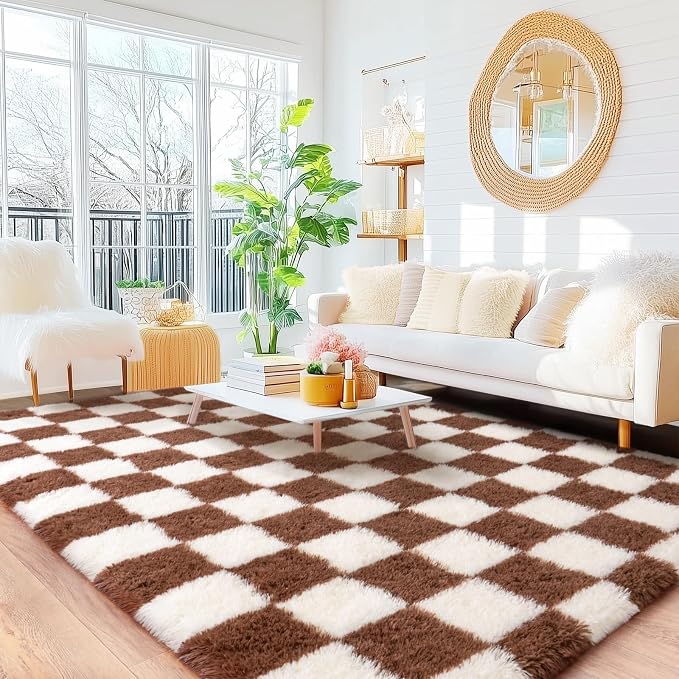 Checkered Rug 9x12 for Living Room, Ultra Fluffy Fuzzy Shag Large Area Rug for Bedroom, Modern Plush Soft Upgrade Non-Slip Carpet for Kids Girls and Boys Room Dorm Home Decor, Cream and Coffee
