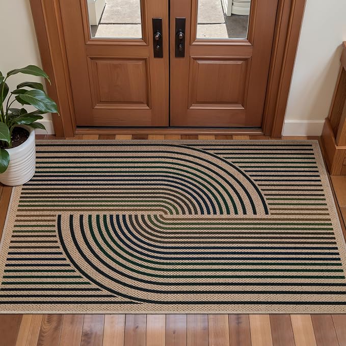 Tangsoo Easy Jute Rug 2x4 Small Throw Rugs for Entryway,Washable Non-Slip Ultra Thin Outdoor Door Mat,Modern Colored Lines Rainbow Indoor Floor Carpet for Entrance Kitchen Hallway Bedroom Front Porch