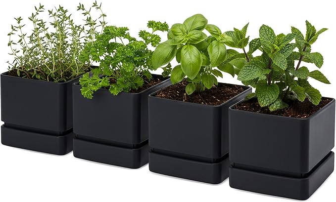 D'vine Dev 6 Inch Herb Planter Pot, Plastic Planter with Drainage Holes and Saucer, Modern Decorative Gardening Pot for Indoor Plants, Flowers, Herbs, Succulents, Black, Set of 4, 76-Y-B4-2