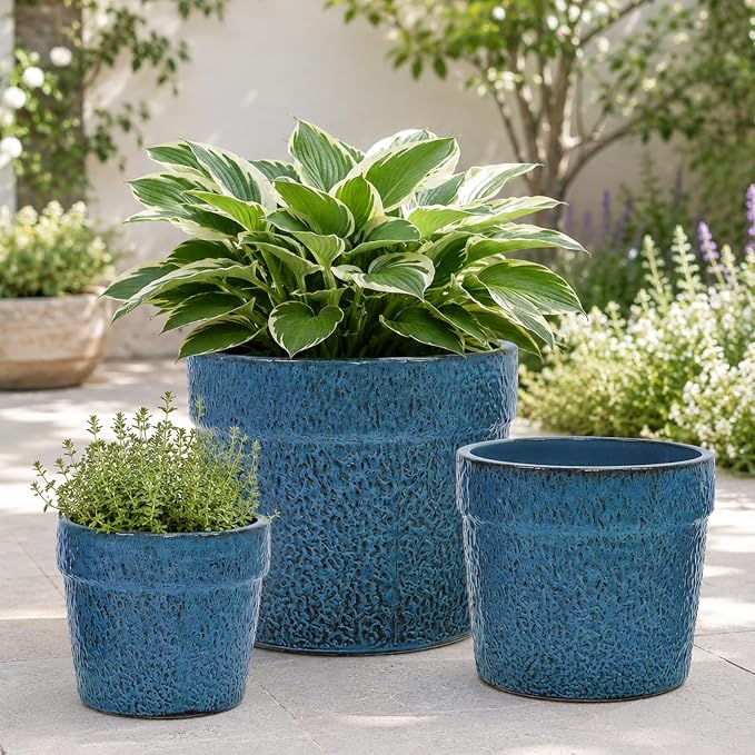 Ceramic Planters Set of 3, 15/12/9 Inch Indoor & Outdoor Large Plant Pots with Drainage Hole, Handmade Speckled Glaze Decorative Flower Pots for Indoor Plants, Patio & Garden, Antique Blue