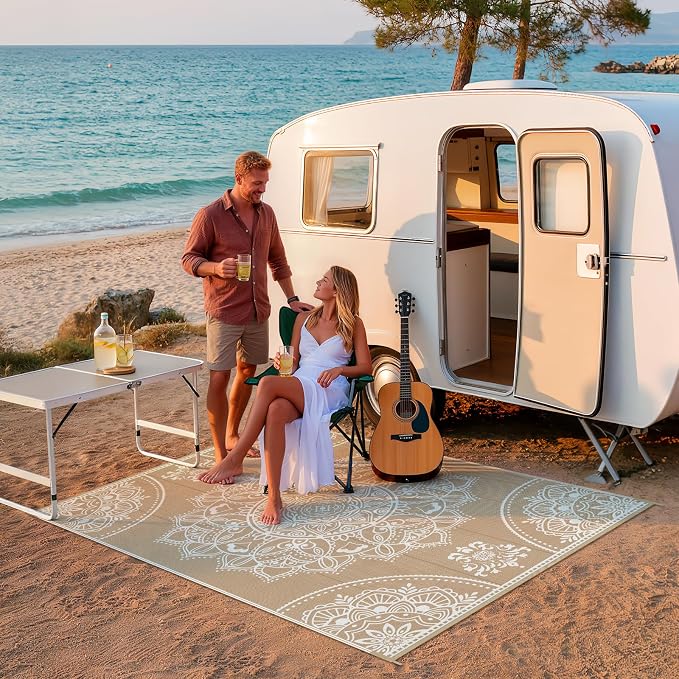 Pauwer Waterproof Outdoor Rug 6x9, Reversible Plastic Straw Patio Camping Rug, Indoor Outdoor RV Mat Carpet for Deck, Camper, Porch, Balcony, Backyard, Picnic, Floral Brown