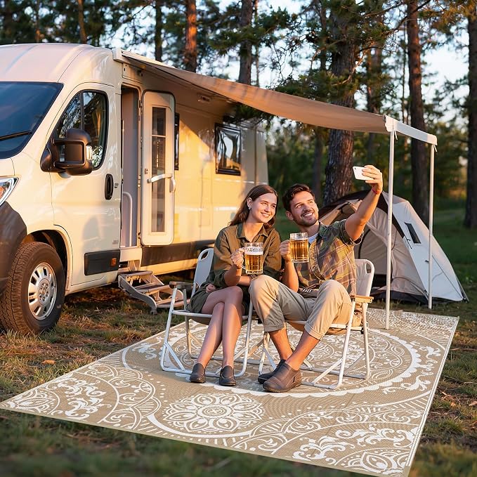 Pauwer Waterproof Outdoor Rug 6x9, Reversible Plastic Straw Patio Camping Rug, Indoor Outdoor RV Mat Carpet for Deck, Camper, Porch, Balcony, Backyard, Picnic, Paisley Brown