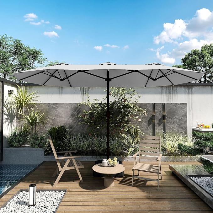 Kingdura 15ft Large Patio Umbrella with Base Included, Double-Sided Rectangle Outdoor Table Umbrella with 12 Reinforced Ribs, Crank Lift for Market Pool Deck Backyard, Light grey