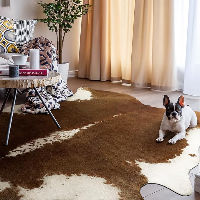 AROGAN Faux Cowhide Rug, Brown Cow Print Large Animal Area Rug, 5.2x6.2 Ft | Premium Cow Hide Carpet, Western Rug for Bedroom Living Room Decor, Durable Faux Cow Skin Cowhide Area Rug