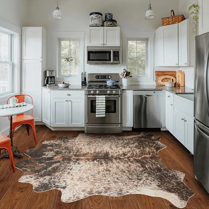 Brown Faux Cowhide Rug 4.6x5.2ft Washable Cowhide Rug | No-Slip Low Pile Animal Print Western Decor for Living Room Bedroom Kitchen Bathroom-No Fur