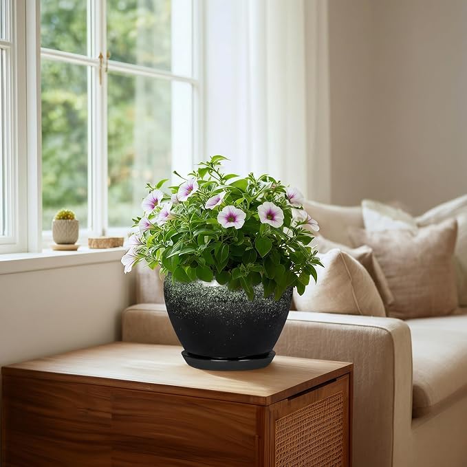 8 Inch Plant Pot - Ceramic Pots for Indoor Plants Outdoor, Round Modern Planter with Drainage Hole and Saucer, Decorative Plant Pot Indoor, Room Decor, House Warming Gifts, Retro Green