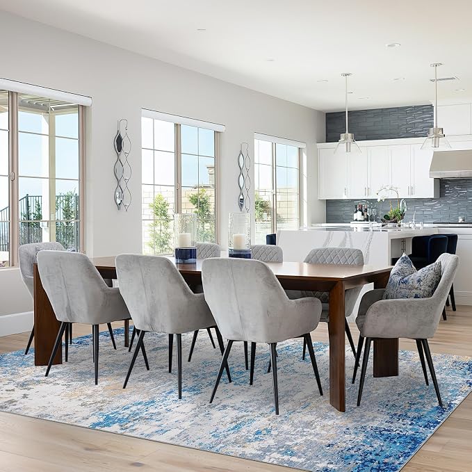 ROYHOME Modern Abstract Area Rug 3x5 Non Slip, Blue/Grey | Non Shedding Rug Low Pile Stain Resistant for Bedroom Living Room