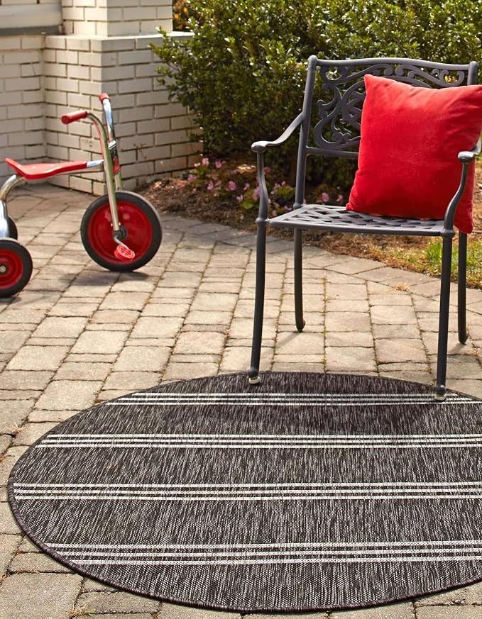 Unique Loom Outdoor Collection Area Rug - Anguilla (3' 1" Round, Charcoal/ Ivory)