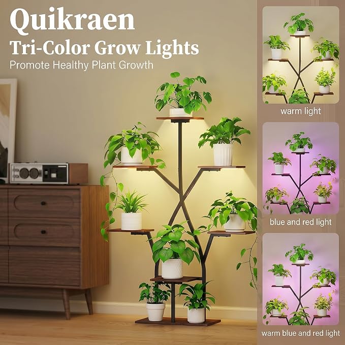 Quikraen Plant Stand Indoor with Grow Lights,50" Plant Shelf Corner Lighted Plant Stands for Indoor Growing,7 Tiered Large S-Shape Metal Display Shelves Plant Rack for Home Decor Patio Balcony