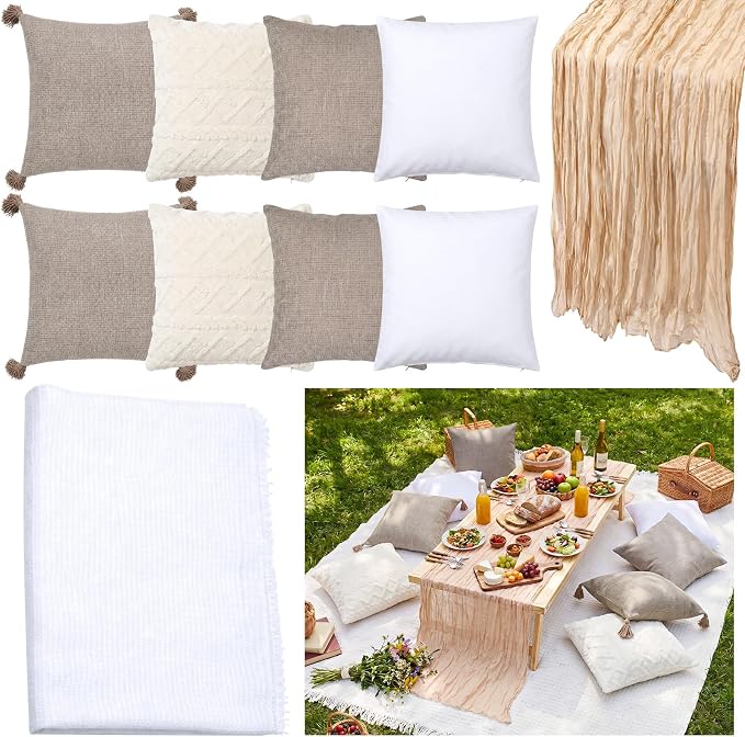 Yuntau Large Outdoor Boho Picnic Blanket with Table Runner 8 Pink White Red Pillows Covers No Pillow Summer Picnic Decor for Camp Birthday Party Bridal Shower Outdoor Backyard Garden(Khaki)