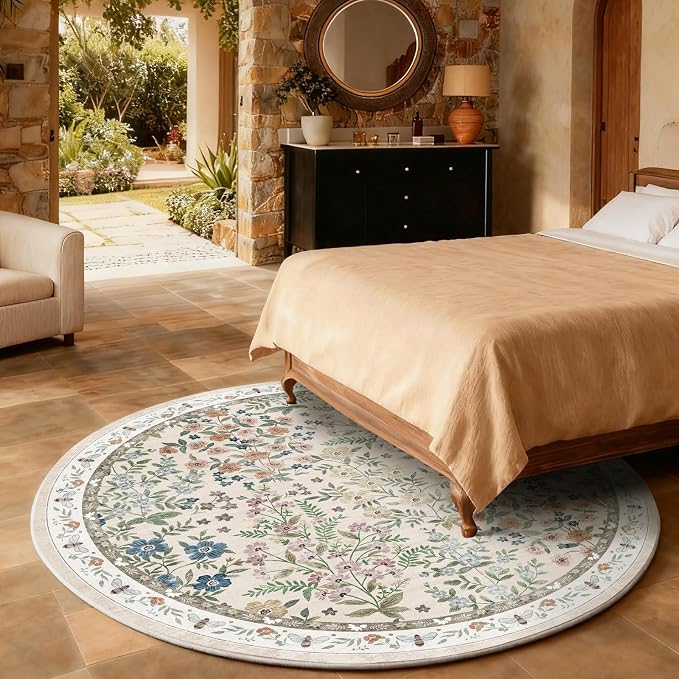 Washable Round Rugs for Bedroom 4ft: Living Room Rug Stain Resistant Non Slip Low Pile Ultra Soft Faux Wool Small Circle Rugs for Entryway Kitchen Bathroom Nursery Entrance Dorm Home Office Indoor