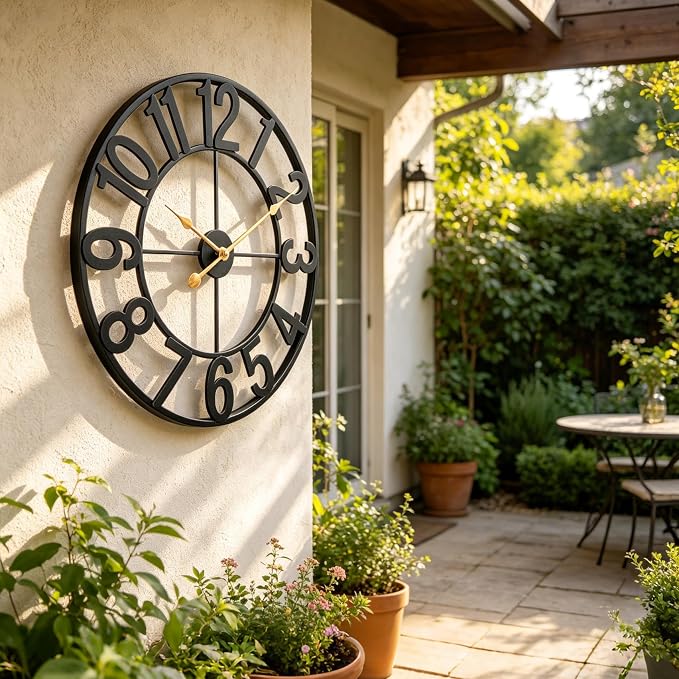 Outdoor Clock for Patio Waterproof, 30 In Extra Large Outdoor Wall Clock Battery Operated, Silent Non-Ticking Metal Oversized Clock for Pool, Porch, Backyard, Fence – Black Vintage Farmhouse Decor