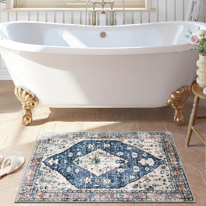 Lahome Felice Boho Tribal Area Rug - 2x3 Small Front Door Rug, Soft Non Slip Washable Entryway Mat Bohemian Low Pile Throw Doormat Carpet for Living Room Kitchen Laundry Bedroom Bathroom, Blue