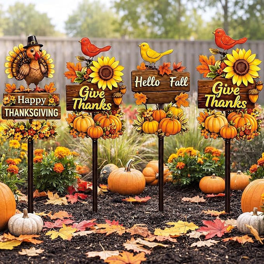 4 Pcs Fall Thanksgiving Garden Stakes Pumpkins Maple Leaves Turkey Sunflower Metal Yard Sign Outdoor Art Stake for Thanksgiving Decorations Autumn Harvest Patio Lawn Walkway Porch