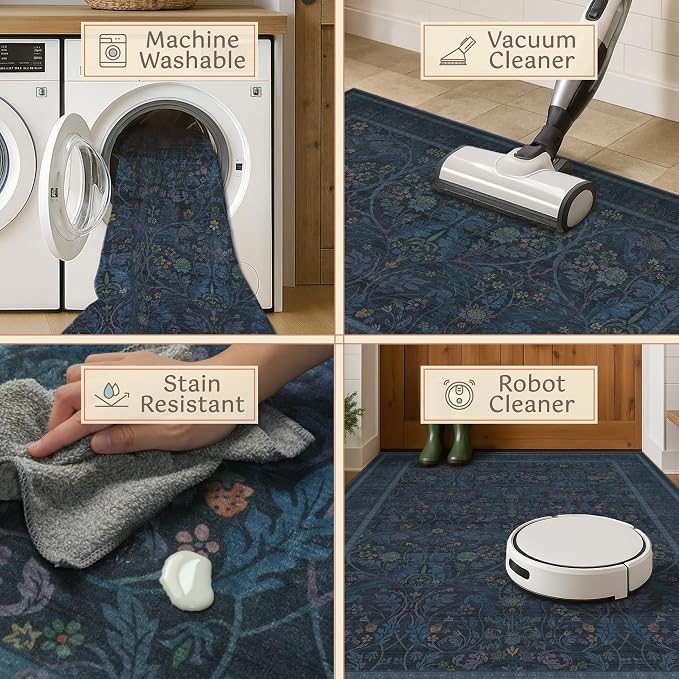 3x4 Oriental Rug for Entryway Indoor, Soft Washable Carpet for Bedroom Beside Bed, Kitchen Rugs Non Slip, Low Pile Stain Resistant Flower Carpet (Navy Blue)