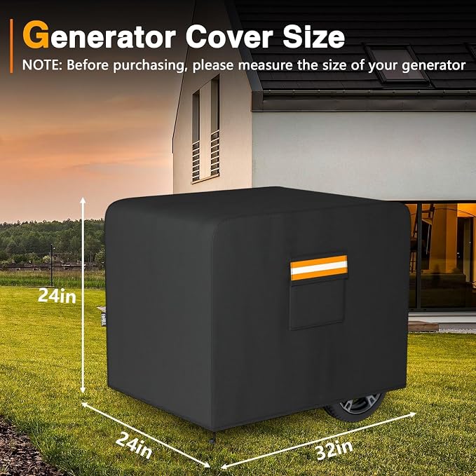 EVRBUL Generator Cover, 32’’L x 24’’W x 24’’H Heavy Duty Waterproof 420D All-Weather Generator Cover with Storage Pocket Compatible with Most Generators 5000-10000 Watt (Black)