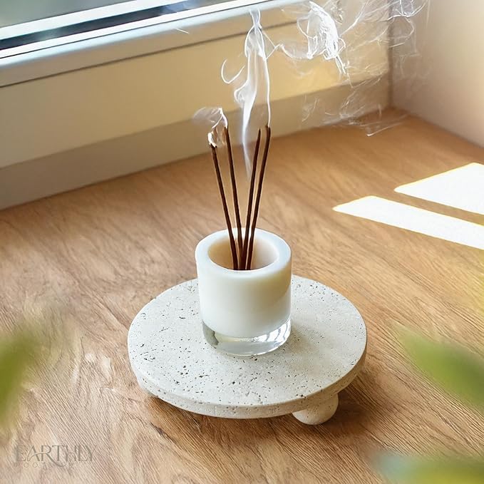 100% Natural Travertine Footed Tray – Round Stone Display Pedestal Stand Riser with 3 Ball Legs, Neutral Decorative Catchall for Vanity, Kitchen, Bathroom, Living Room, Soap, Perfume, Candle, 7.9''