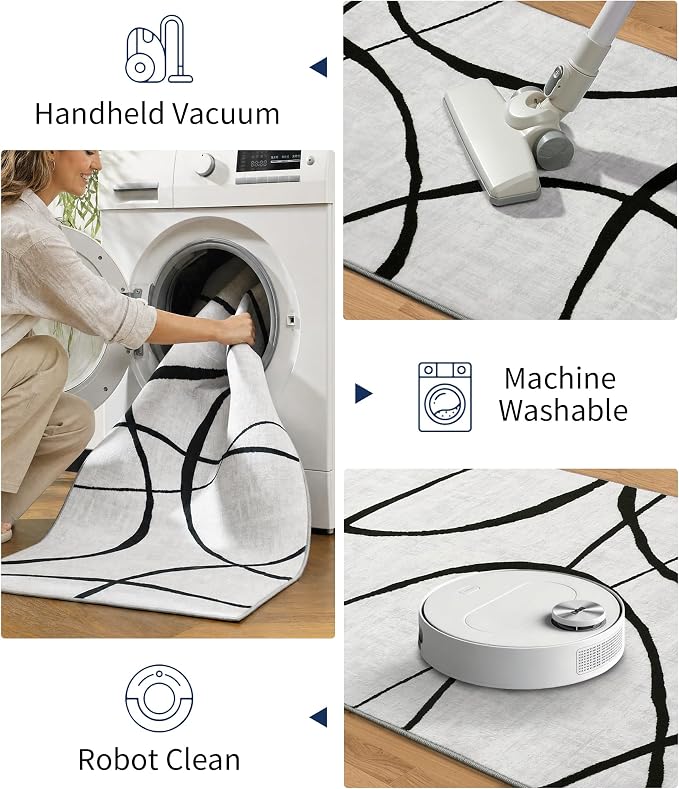 2x6 Washable Modern Black White Kitchen Runner Rug | Ultra-Thin Low Pile, Non-Slip TPE Backing, Soft Stain Resistant, Machine Washable, for Bedroom Livingroom High Traffic