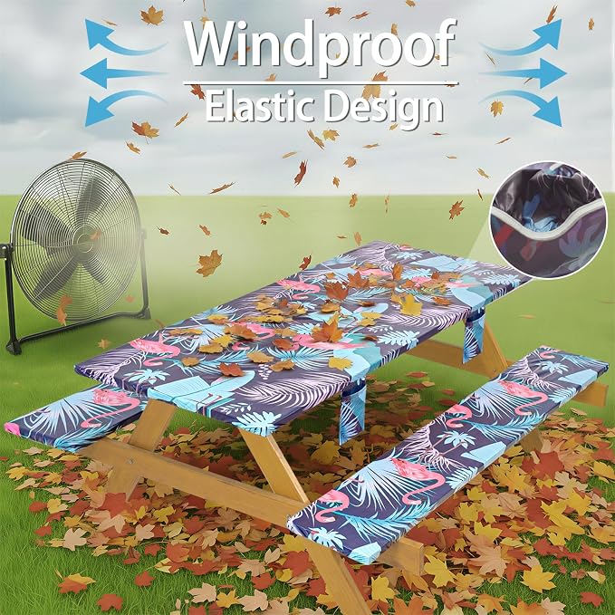 Fitted Waterproof Picnic Table Cover with Bench Covers Heavy Duty Elastic Outdoor Camping Tablecloth for 6 Foot Rectangle Tables Summer Rv Accessories Patio Garden Road Trip Essentials Gifts