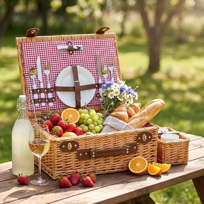 Multifunctional Wicker Picnic Basket Set for 2 Adults with Picnic Table and Blankets,Large Insulated Picnic Set with Wine Pouch and Full Tablewares for Camping Outdoor Couples Beach Wedding,Pink
