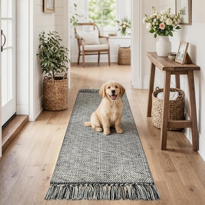 Bathroom Runner Rug, 2' x 5' Modern Farmhouse Kitchen Mats | Hand-Woven Entryway Rugs Runners for Hallway, Gray Boho Washable Laundry Carpet Indoor Front Door Mat for Bedroom Decor