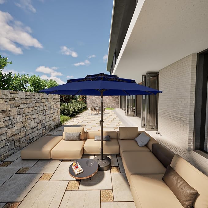 PatioKingdom 9ft 3-Tier Patio Market Umbrella with Crank/Tilt, Commercial Heavy Duty Wind Proof,Outdoor Table Umbrella with 8 Fiberglass Ribs,UPF50+ for Deck,Pool,Garden,Backyard (Navy)