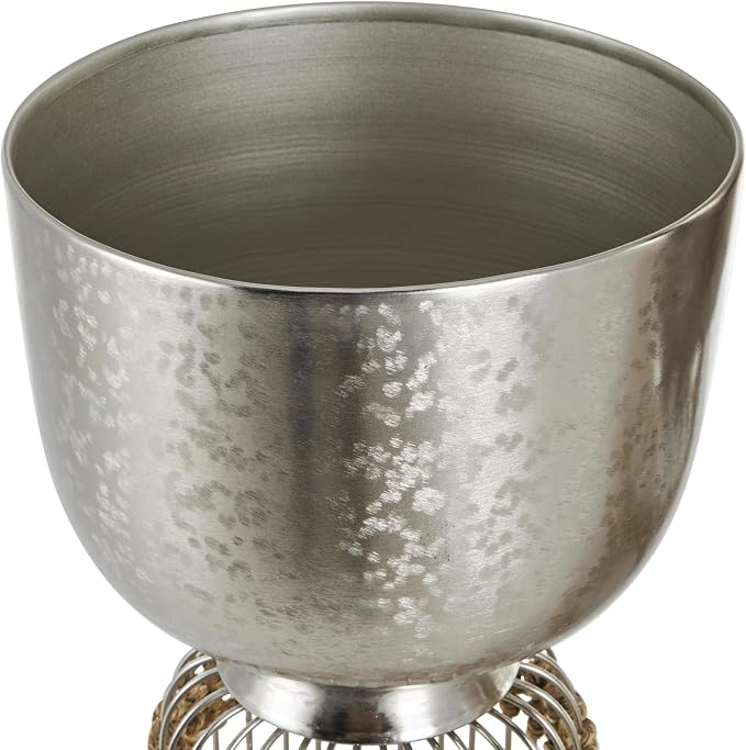 Deco 79 Metal Indoor Planter Textured Dome Large Planter Pot with Woven Seagrass and Caged Rod Pedestal Base, Set of 3 Planters 32", 27", 24" H, Silver