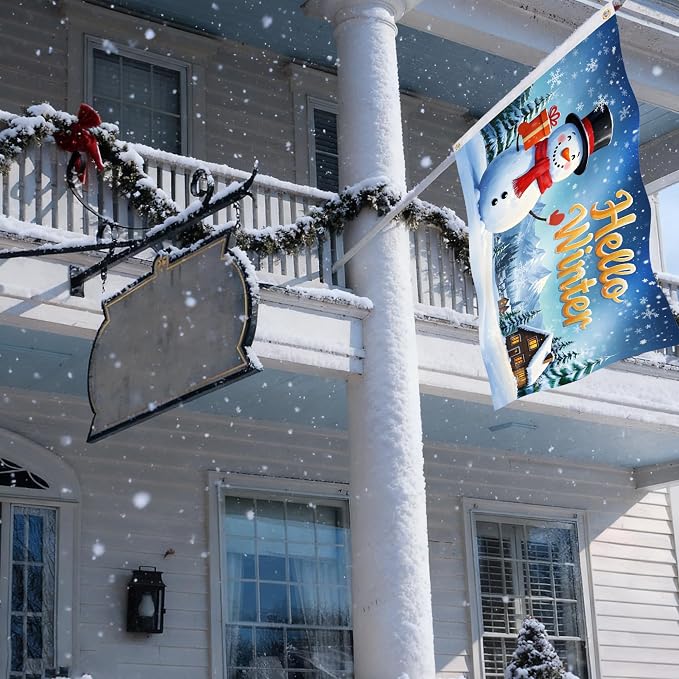 3x5ft Hello Winter Flag – Double-Sided Christmas Yard Flag with 2 Brass Grommets & White Sleeve, Outdoor Holiday Decoration for Garden, Porch, and Patio