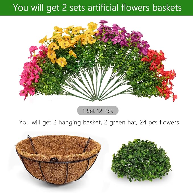2 Set Artificial Outdoor Flowers with Hanging Basket for Garden Porch Patio Balcony Yard Home Decoration