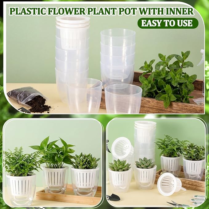 36 Pcs Self Watering Pots 3.5 Inch Plastic Flower Plant Pot with Inner Pot Self Watering Wick Planter White Clear Flower Pots for Indoor Plants Herbs, Flowers, Succulent (Transparent White)