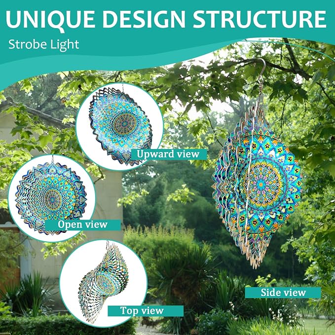 Wind Spinner Mandala Peacock Blue Ocean,12Inch Stainless Steel Wind Spinners Outdoor,Gifts for Women,Mother,Men,Father,Holidays,3D Kinetic Yard Art Decorations,Christmas Garden Decor
