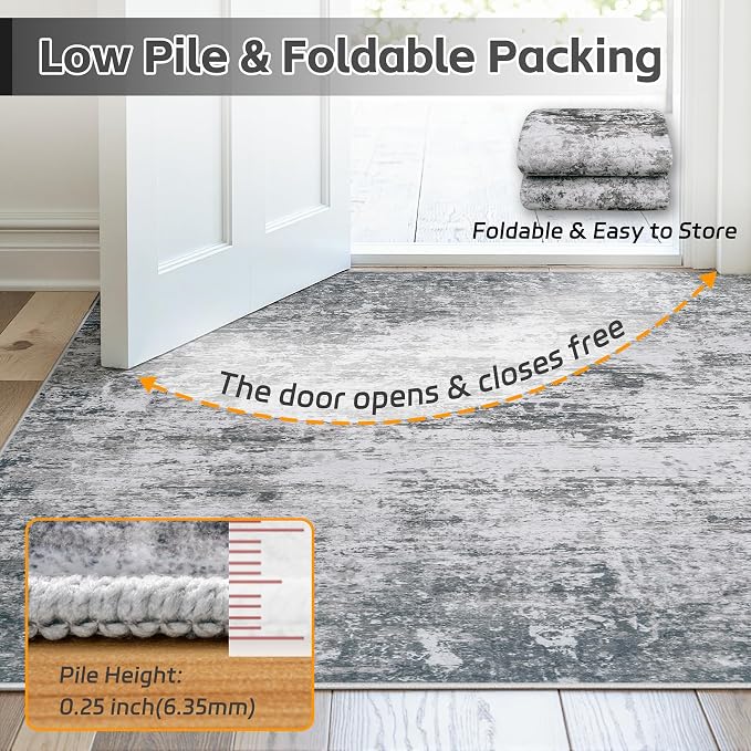 9x12 Area Rugs for Living Room: Washable Soft Gray White Abstract Carpet | Non-Slip TPE & Stain Resistant,0.25" Low-Pile,Kids Pet Friendly Modern Decor for Dining Room Farmhouse Office, Non-Shedding