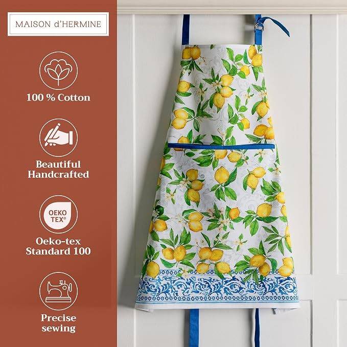 Maison d' Hermine Aprons for women with Pocket 100% Cotton (27.50"x31.50") | Adjustable Neck Strap & long ties Apron Men Chef Wedding Cooking Gardening Server Maid