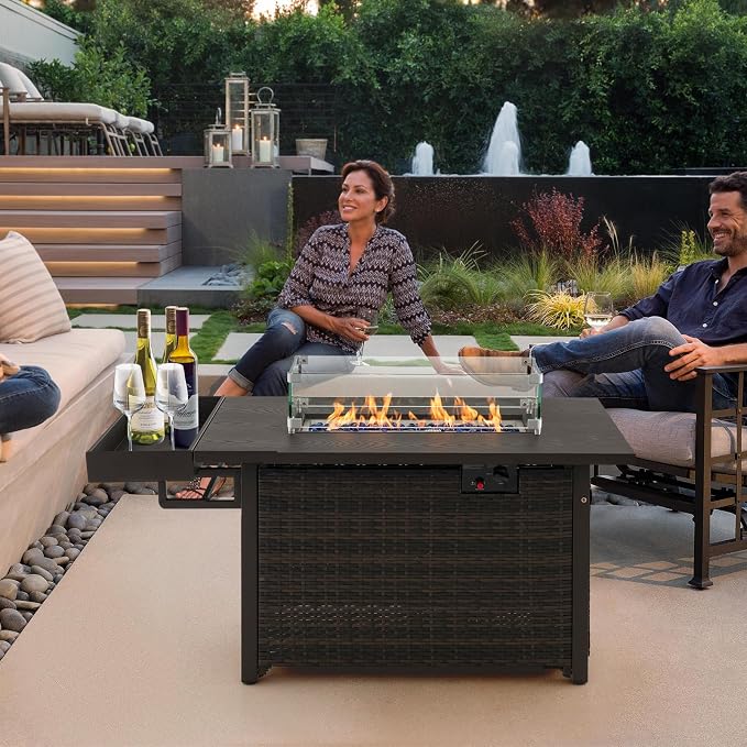 Tangkula Patio Propane Fire Pit Table, 52 Inch Wicker Gas Fire Pit with Wind Guard & Extended Shelf, 50,000 BTU Heat Output, Rectangular Fire Table with Blue Fire Stone & Waterproof Cover (Brown)