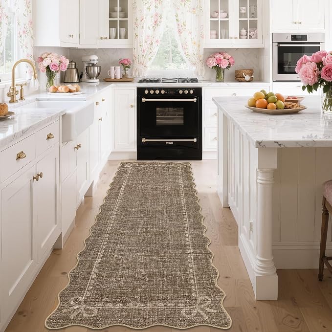 GarveeHome Scalloped Hallway Runner Rug 2.5x10 Non Slip Bedroom Rugs, Brown | Washable Bow Rug for Girls Dorm Nursery Living Room Entyrway Kitchen, Soft Low Pile Ultra-Thin Stain Resistant Indoor Carpet