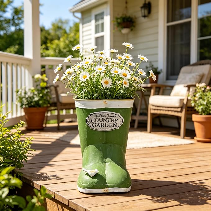 Vintage Green Rain Boot Planter, Country Garden Metal Boot Flower Pot, Rustic Farmhouse Decorative Planter for Indoor Outdoor Succulents, Herbs, Garden & Porch Decor