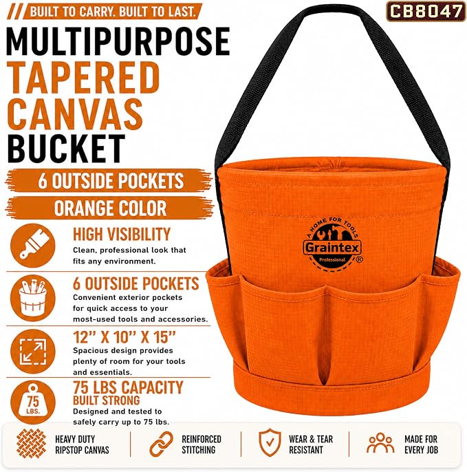 Graintex Tapered Canvas Bucket 12"x10"x15", Utility Tool Bucket 6 Pockets Outside, Reinforced Base & Carry Handle, Ripstop Canvas, Multi-Purpose Bag for Jobsite & Home Use