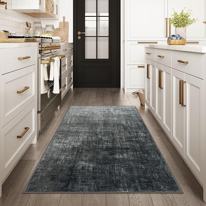 Lahome 3x5 Black Rugs for Entryway,Boho Kitchen Rugs Non Slip Washable,Modern Abstract Ombre Small Soft Low-Pile Indoor Floor Carpet for Bathroom Bedroom(3'x5',Black and White)