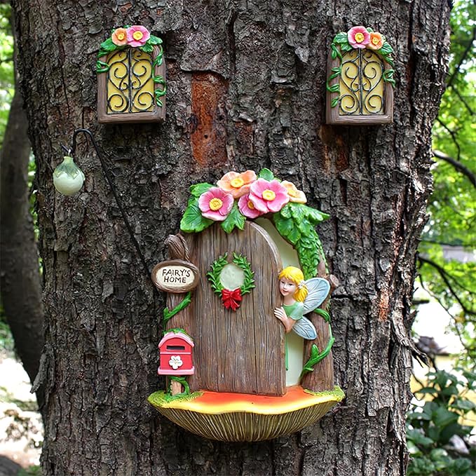 Fairy Garden Decor Fairy Door and Windows for Trees, Glow in The Dark Yard Sculpture Lawn Ornament Mini Garden Art Outdoor Decor Accessories with Lantern (Fairy Opening Door)