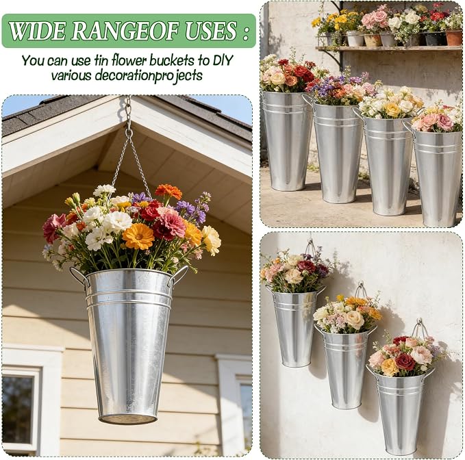 Flower Bucket for Flower Bar, 6 Pcs 10.2 Inch Metal Vases with Handles, Leak-Proof Galvanized French Buckets for Wedding Centerpieces, Farmhouse Party & Rustic Home Decor