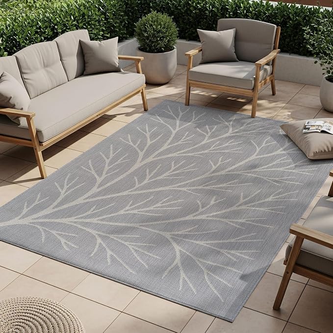 Washable Indoor Outdoor Rug 10x14 Modern Area Rugs Branch Pattern Non Shedding Waterproof Easy Clean Patio Deck Porch Living Room Bedroom Garden RV (10 X 14 Gray)