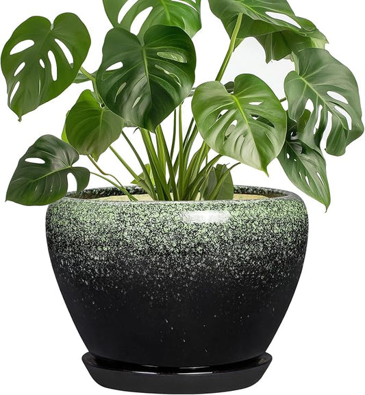 8 Inch Plant Pot - Ceramic Pots for Indoor Plants Outdoor, Round Modern Planter with Drainage Hole and Saucer, Decorative Plant Pot Indoor, Room Decor, House Warming Gifts, Retro Green