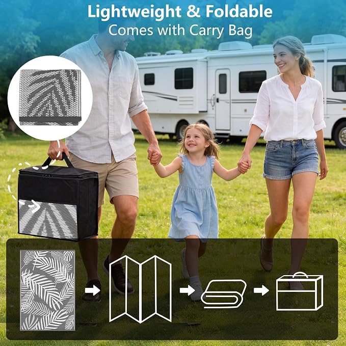 Kohree Outdoor Rug 9x12 Reversible, Waterproof Outdoor Plastic Straw Rug RV Patio Mat, Non-Slip Easy-Cleaning RV Outdoor Mat Carpet for Deck, Patio, Camping, Balcony, Deck, Backyard (Grey & White)