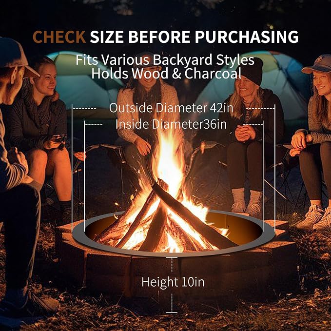 Fire Pit Ring Insert for Garden Patio Backyard | 36 Inch Smokeless Fire Pit Ring for Outside Fire Pit, Carbon Steel Firepit Rim Insert for DIY Fire Pits, Anti-Rust Coating