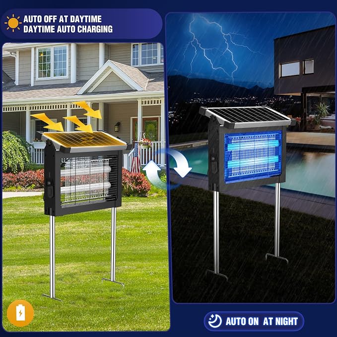 Solar Bug Zapper Outdoor, 4500V Mosquito Zapper Waterproof with Panel Sensor Electric Fly Zapper Rechargeable Mosquito Killer with 10FT Extension Cord, Fly Trap Ideal for Patio, Backyard, Camping