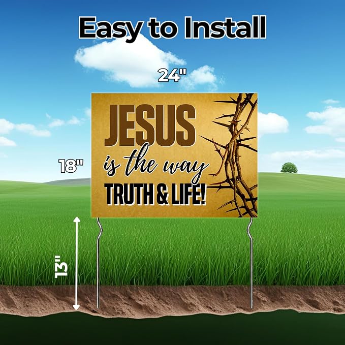 Jesus is the Way, Truth & Life! Yard Sign by DC | 24"x18" Double Sided Church Garden Sign with 13” Metal Stakes | Outdoor Signs Waterproof for Lawn, Patio, Sidewalk & House | Set of 4 | Made in USA