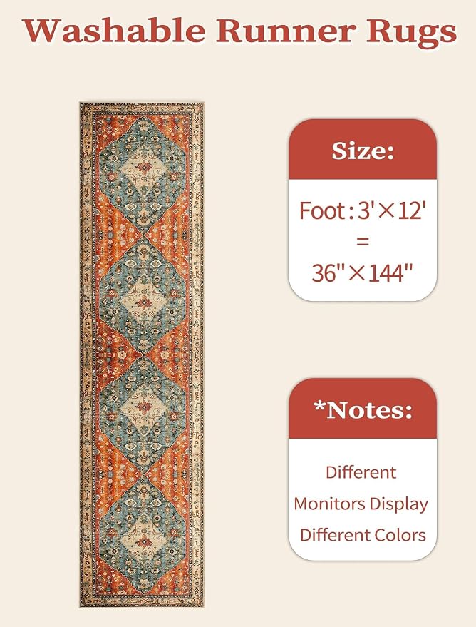 SERISSA 3x12 Washable Non Slip Boho Runner Rug for Hallway | Ultra Soft Vintage Oriental Carpet Low-Pile Tribal Floor Carpet for Stair Kitchen Bedroom Bathroom Laundry Room
