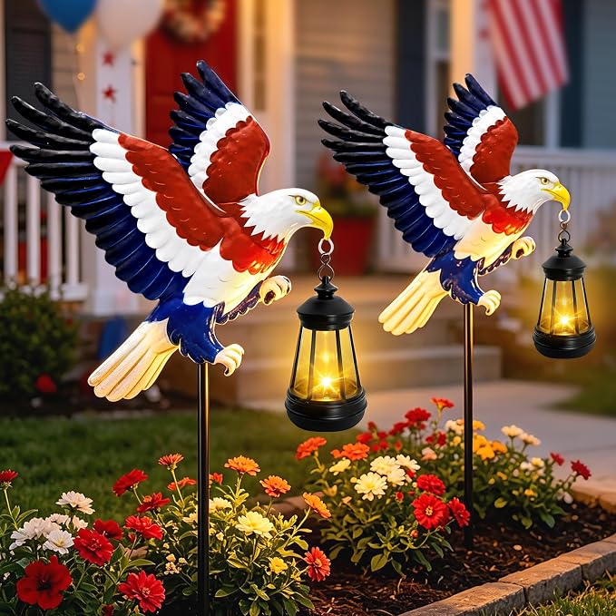4th of July Decorations 250th anniversary 2 Pack Bald Eagle Solar Garden Lights Outdoor Waterproof, Gifts for Family and Friends, Stake Lights with Solar Lanterns, Yard Art Outside Patio Garden Decor